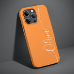Coque Case-Mate iPhone Orange Blanc Élégant Calligraphie Nom du script<br><div class="desc">Orange White Elegant Calligraphy Script Personnalisé Nom iPhone 14 Smart Phone Boîtes dispose d'un design moderne et tendance simple et élégant avec votre nom personnalisé dans élégante calligraphie manuscrite typographie de script sur un arrière - plan orange. Conçu par ©Evco Studio www.zazzle.com/store/evcostudio</div>