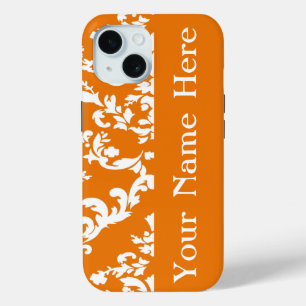 Coque Pour iPhone 15 Orange Bold Damask avec nom @ Emporiomoffa