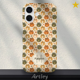 Coque Pour iPhone 16 Orange Grey Cute Gras Chats Nom Monogramme