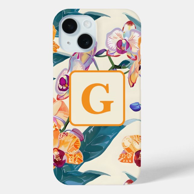 Coques Case-Mate iPhone Orange Orchidées Monogramme polaire (Verso)