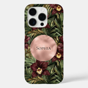 Coque iPhone 16 Pro Orchidée rouge Bourgogne Floral Rose Tropical Gold