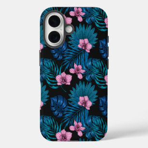 Coque Pour iPhone 16 Orchidées et feuilles de palmiers, rose et bleu su