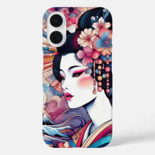 Coque Pour iPhone 16 Oriental abstrait Geisha fleurs roses vagues