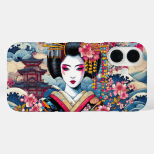 Coque Pour iPhone 16 Oriental Geisha Maiko Kanagawa temple des vagues