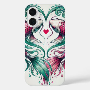 Coque Pour iPhone 16 Oriental rose et turquoise amour coeur koi tatouag