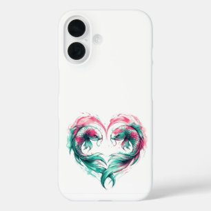 Coque Pour iPhone 16 Oriental rose et turquoise coeur d'amour koi tatou