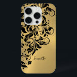 Coque Case-Mate iPhone Ornement Arrière - plan d'or métallique<br><div class="desc">Élégant ornement en dentelle tourbée noire sur une image de l'or métallique brossé en aluminium.</div>