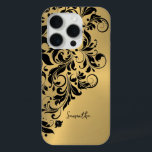 Coque Case-Mate iPhone Ornement Arrière - plan d'or métallique<br><div class="desc">Élégant ornement en dentelle tourbée noire sur une image de l'or métallique brossé en aluminium.</div>