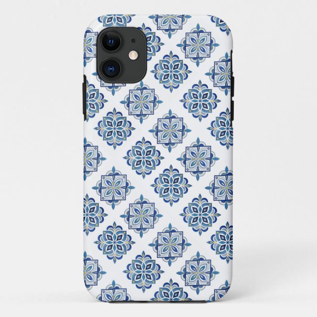 Coques Case-Mate iPhone Ornement brodé bleu sur blanc (Dos)