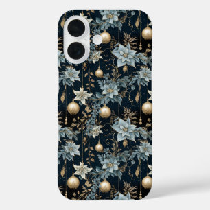 Coque Pour iPhone 16 Ornements de Noël bleu et or Poinsettias