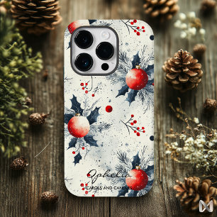 Coque Case-Mate iPhone Ornements de Noël rouges avec houx et branche de p
