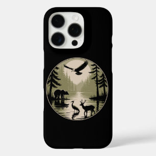 Coque iPhone 16 Pro Ours Cerf Aigle Lune Forêt Silhouette