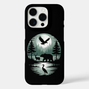 Coque iPhone 16 Pro Ours Cerf Aigle Lune Forêt Silhouette