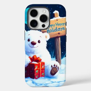 Coque iPhone 16 Pro Ours neige Noël Joie Aquarelle