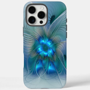 Coque iPhone 16 Pro Max Ovation debout, fractale bleue turquoise abstraite