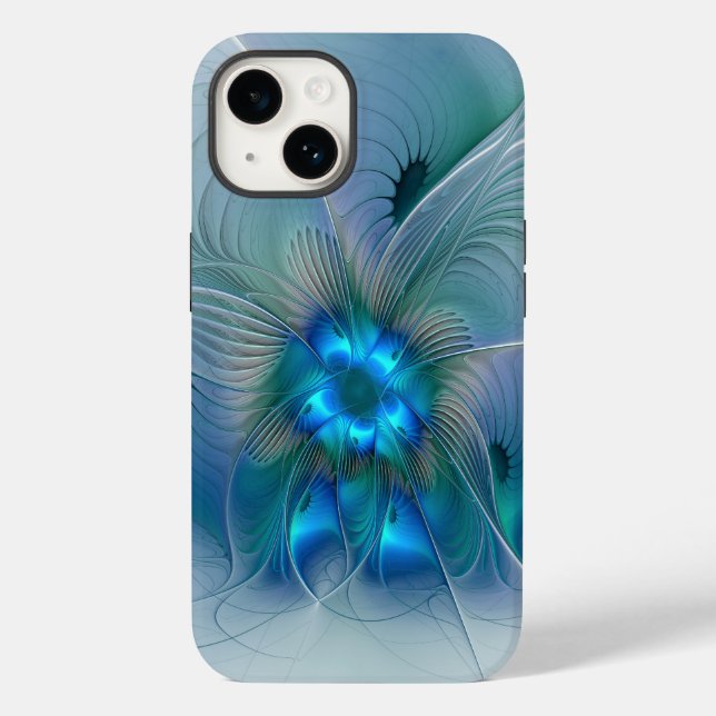 Coques Case-Mate iPhone Ovations debout, fractale bleue turquoise abstrait (Verso)