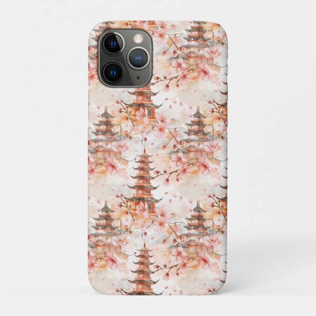 Coques Case-Mate iPhone Pagode chinoise à l'aquarelle avec fleurs de ceris (Dos)