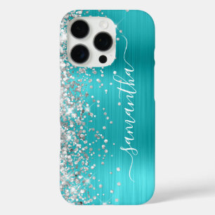 Coque iPhone 16 Pro Pailleté Argent Aqua Bleu Métallisé Signature Fémi