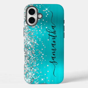 Coque Pour iPhone 16 Plus Pailleté Argent Aqua Métallisé Signature Noir Fémi