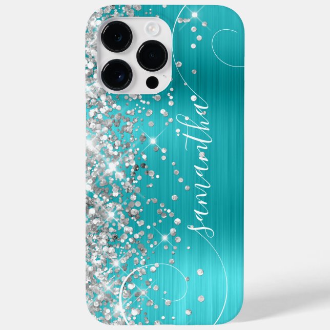 Coques Case-Mate iPhone Pailleté Argent et Signature Bouclée Bleu Turquois (Verso)