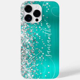 Coque Case-Mate iPhone Pailleté Argent et Turquoise Glam Courbe Signature