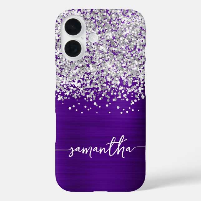Coques Case-Mate iPhone Pailleté Argent Paillettes Indigo Violet Glam Nom (Verso)