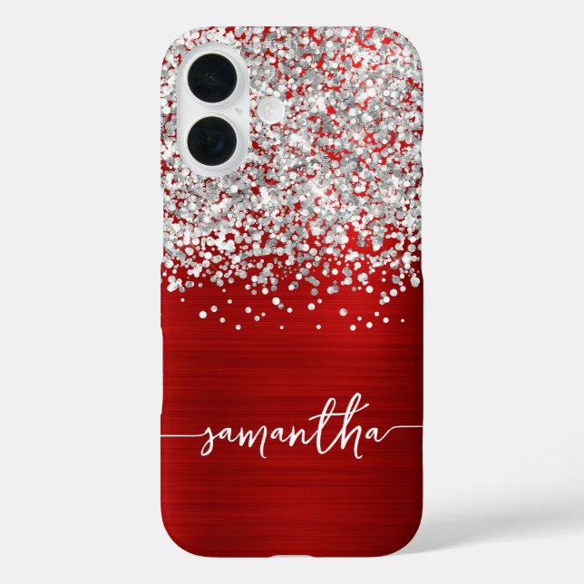 Coques Case-Mate iPhone Pailleté Argent Paillettes Rouge Glam Nom (Verso)