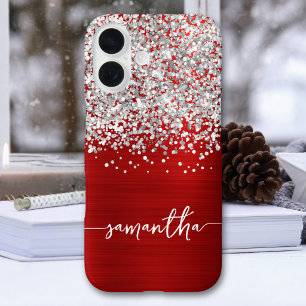 Coque Pour iPhone 16 Pailleté Argent Paillettes Rouge Glam Nom