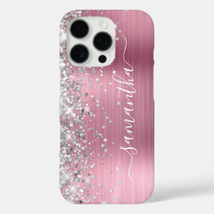 Coque iPhone 16 Pro Pailleté Argent Rose Clair Métallisé Signature Fém