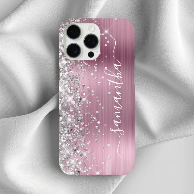 Coques Case-Mate iPhone Pailleté Argent Rose Clair Métallisé Signature Fém (Silver Glitter Light Pink Metallic Girly Signature Case-Mate iPhone Case)