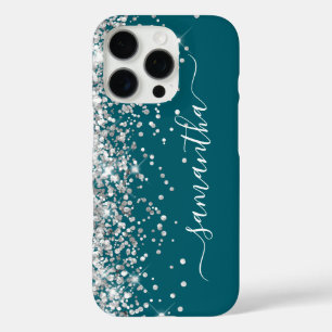 Coque iPhone 16 Pro Pailleté Argent Signature Filleul Sarcelle Foncé