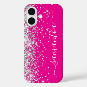Coque Pour iPhone 16 Pailleté Argent Signature Rose Chaud Féminin