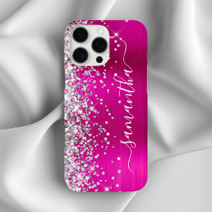 Coque iPhone 16 Pro Max Pailleté Argent Signature Rose Chaude Métallisé Fé