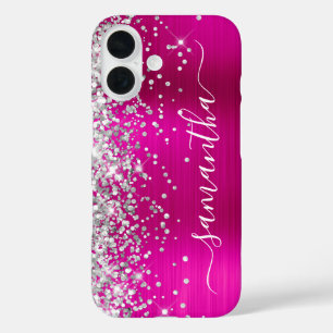 Coque Pour iPhone 16 Pailleté Argent Signature Rose Chaude Métallisé Fé