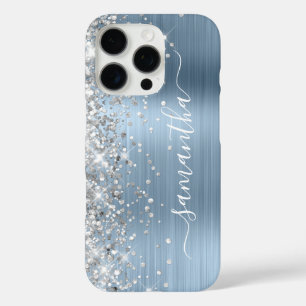 Coque iPhone 16 Pro Pailleté Argenté Bleu Clair Métallisé Signature Fé