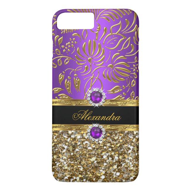 Coques Case-Mate iPhone Pailleté damassé élégant floral violet or (Dos)
