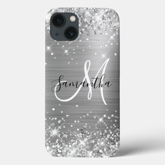 Coques Case-Mate iPhone Pailleté Élégant Monogramme en Feuille d'Argent (Verso)