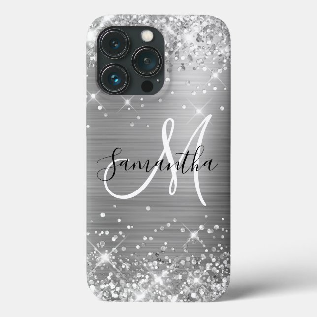 Coques Case-Mate iPhone Pailleté Élégant Monogramme Feuille d'Argent (Verso)