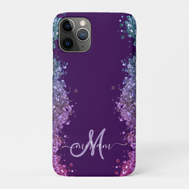 Coques Case-Mate iPhone Pailleté Monogramme Moderne Violet Bleu Vert Clair (Dos)