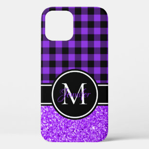 Case-Mate iPhone Case Pailleté noir et violet Buffalo Plaid Monogramme