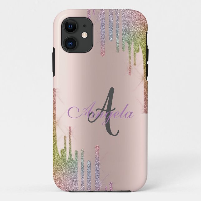 Coques Case-Mate iPhone Paillettes arc-en-ciel modernes, Or rose, Monogram (Dos)