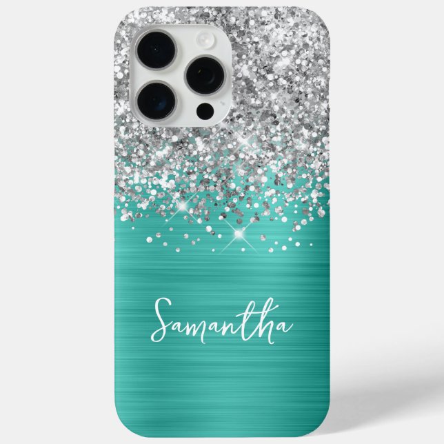 Coques Case-Mate iPhone Paillettes Argent Turquoise Glam Nom (Verso)
