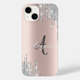 Coque Case-Mate iPhone Paillettes argentées modernes, Or rose, Monogramme