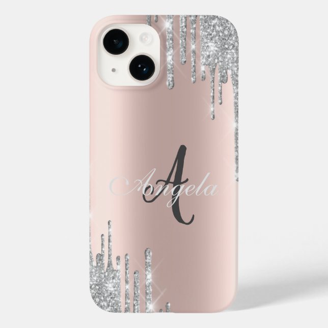 Coques Case-Mate iPhone Paillettes argentées modernes, Or rose, Monogramme (Verso)