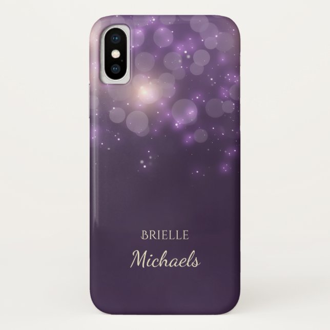Coques Case-Mate iPhone Paillettes Bokeh Violet Élégant Avec Nom (Dos)