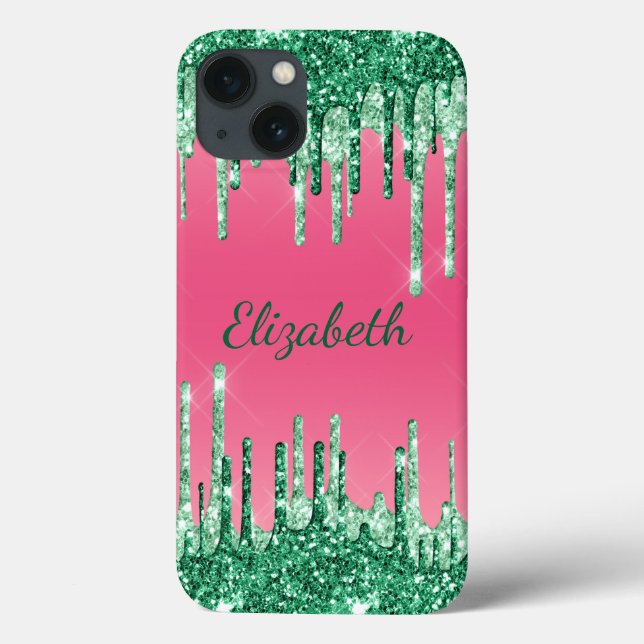 Coques Case-Mate iPhone Paillettes de monogramme qui dégoulinent Rose Vert (Verso)
