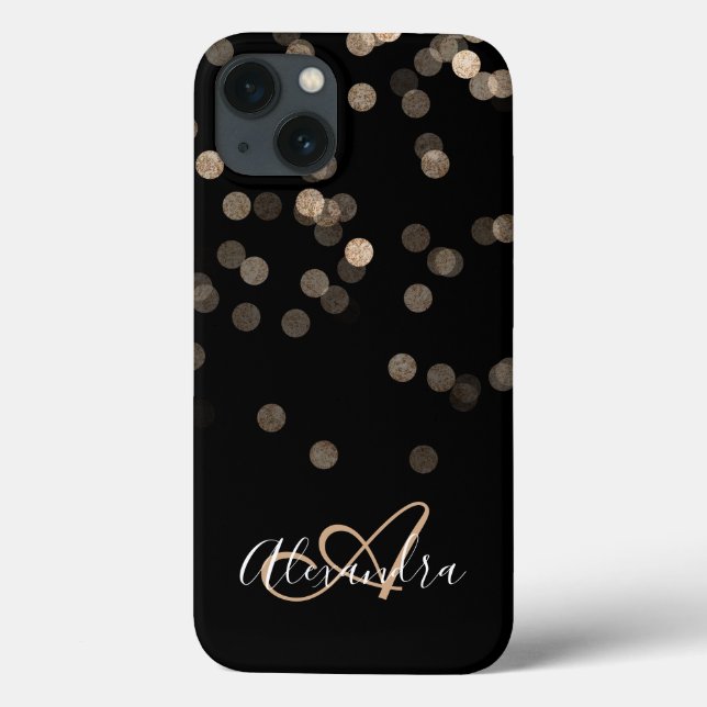 Coques Case-Mate iPhone Paillettes de Or Noir Monogramme Nom (Verso)