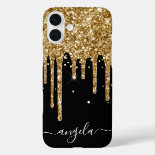 Coque Pour iPhone 16 Plus Paillettes dorées coulantes sur fond noir Signatur