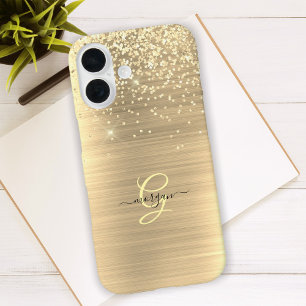 Coque Pour iPhone 16 Paillettes dorées & monogramme, nom en écriture no