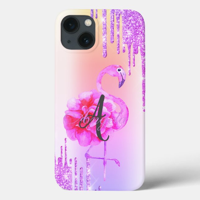Coques Case-Mate iPhone Paillettes modernes, Dégradé, Monogramme, Flamant  (Verso)
